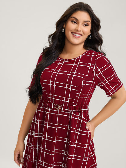 Grid Print Knit Belted Midi Dress
