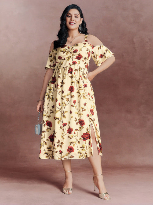 Floral Romance Cut-Out Shoulder Shirred Midi Dress