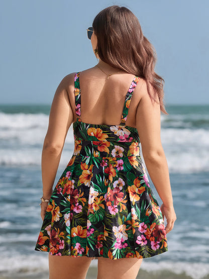 Tropical Floral Print Hip Coverage Swim Dress