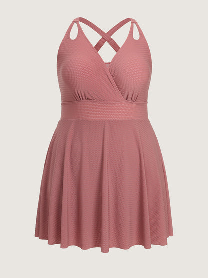 Textured Surplice Cut-Out Shoulder Swim Dress