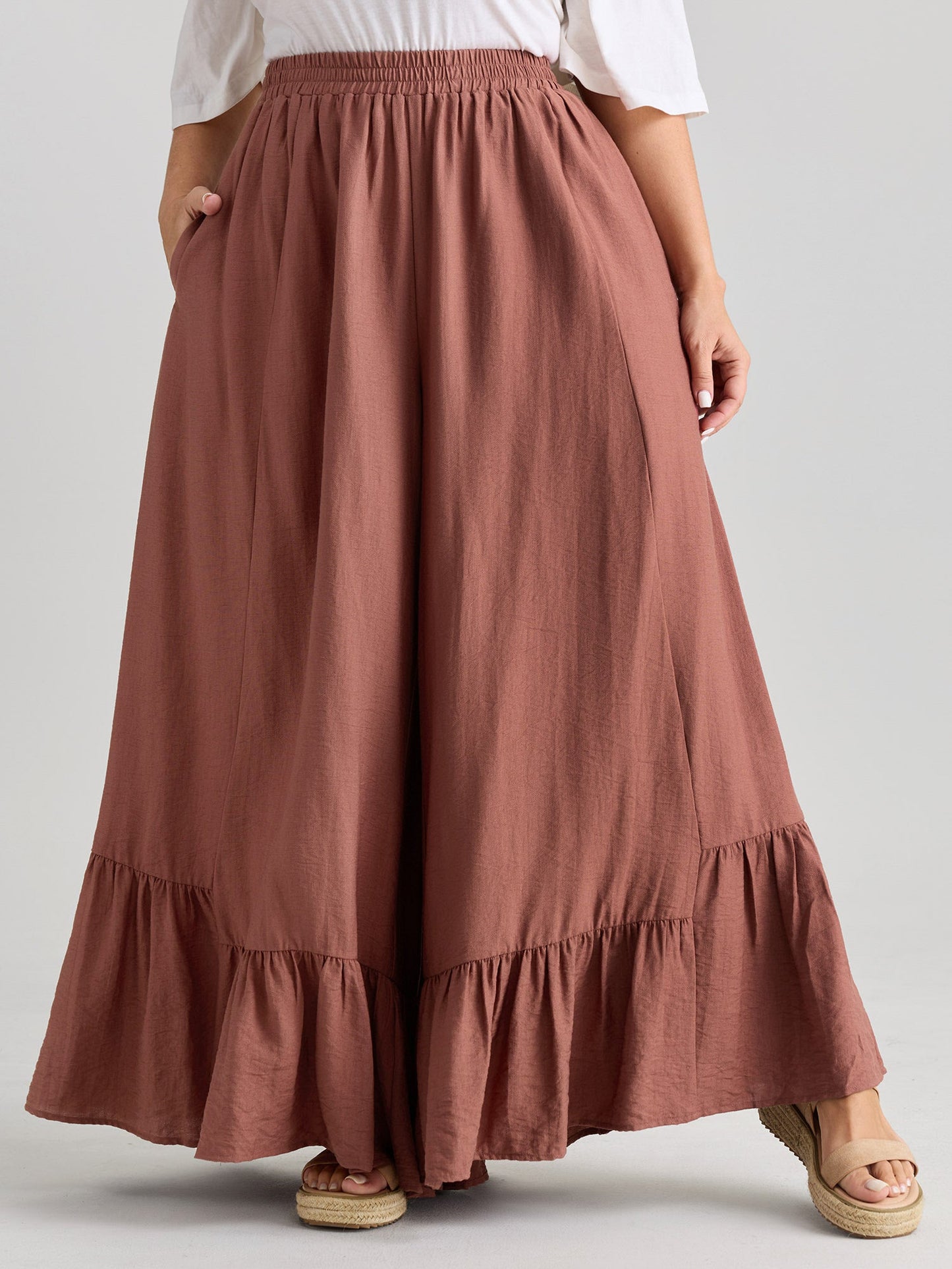 Ruffled Hem Plain Flowy Pants