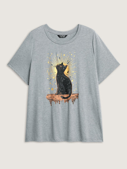 Midnight Cat Print Stretchy T-Shirt