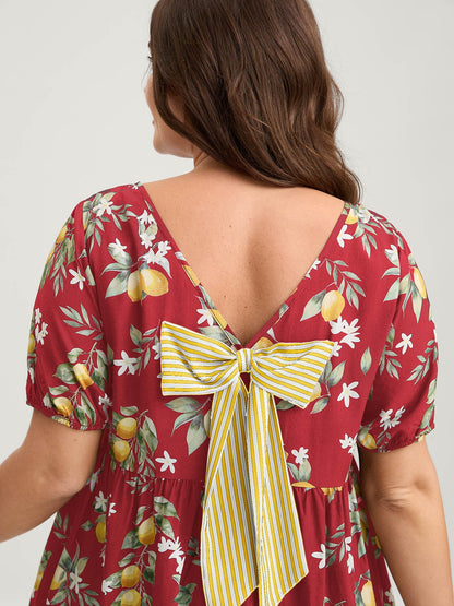 Citrus Print Bow Backless Blouse
