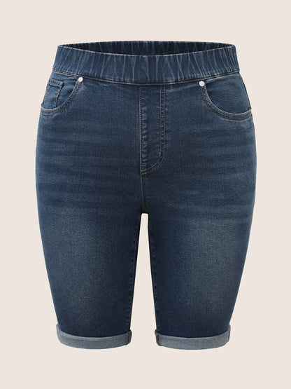 Pull-On Folded Hem Knee-Length Denim Shorts