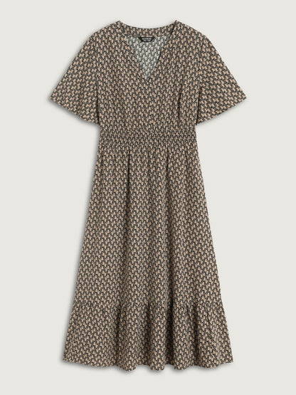 Geometric Print Waist-Cinched Tiered Midi Dress
