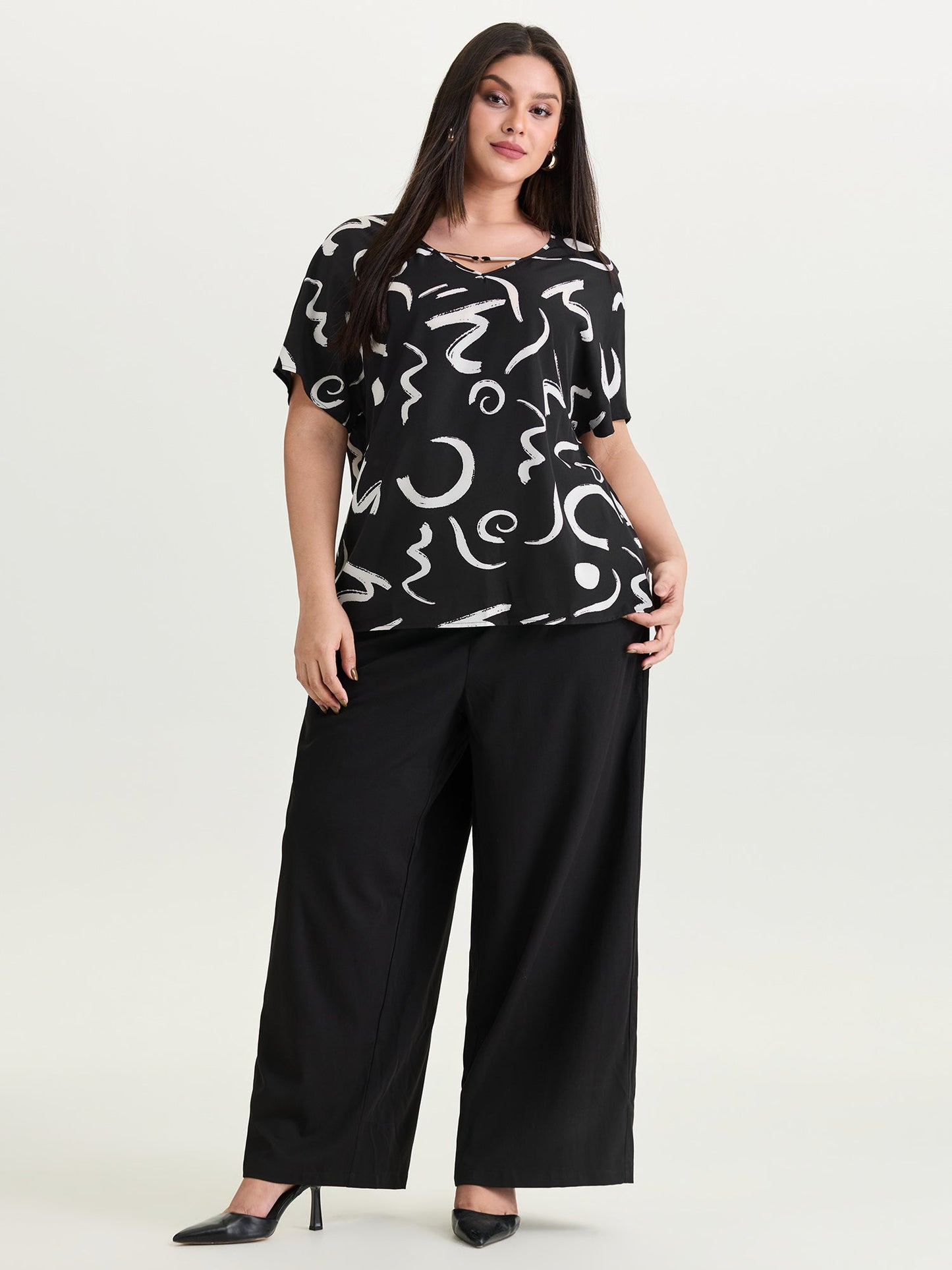 Abstract Print Cut-Out Neckline Blouse