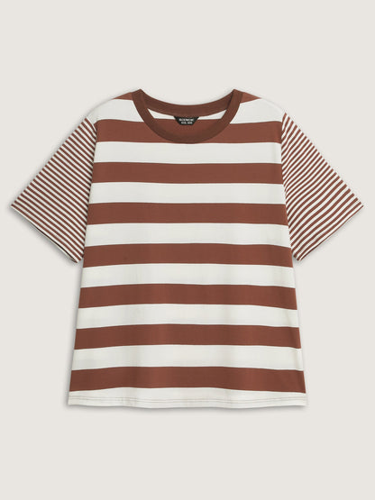 Cotton Striped Print Spliced Round Neck T-Shirt