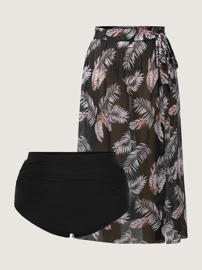 Two-Piece Tropical Print Sarong Wrap Swim Bottoms Set