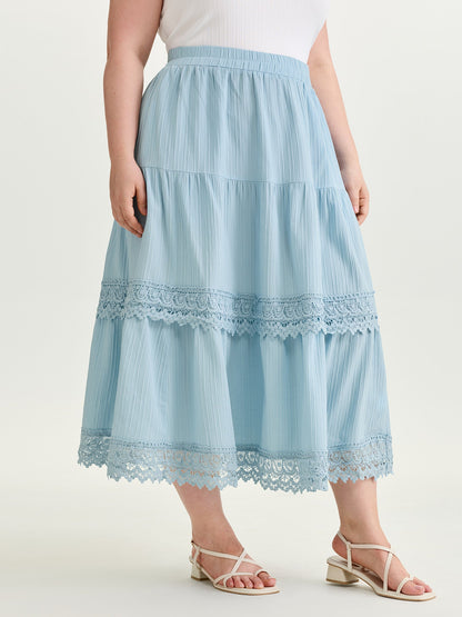 Lace Trim Tiered Plain Maxi Skirt