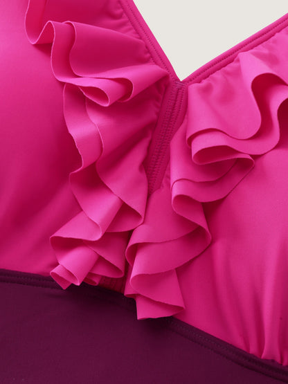 Color Contrast Ruffled Trim One-Piece Swimsuit