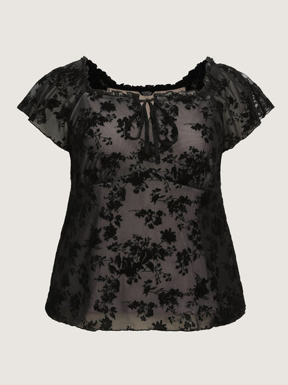 Flocked Floral Drawstring Neckline Knit Top