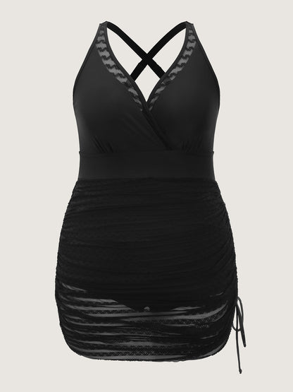 Lace Mesh Trim Adjustable Drawstring Swim Dress