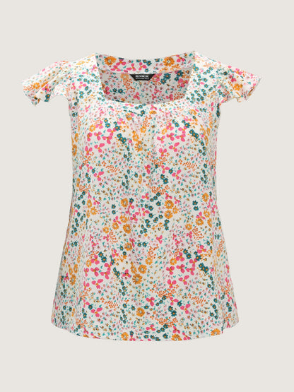 Bright Floral Print Flutter Sleeve Blouse