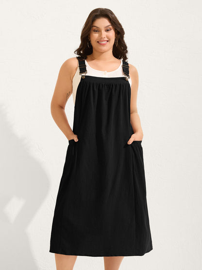 plus size Pure Cotton Pleated Pockets Midi Dress
