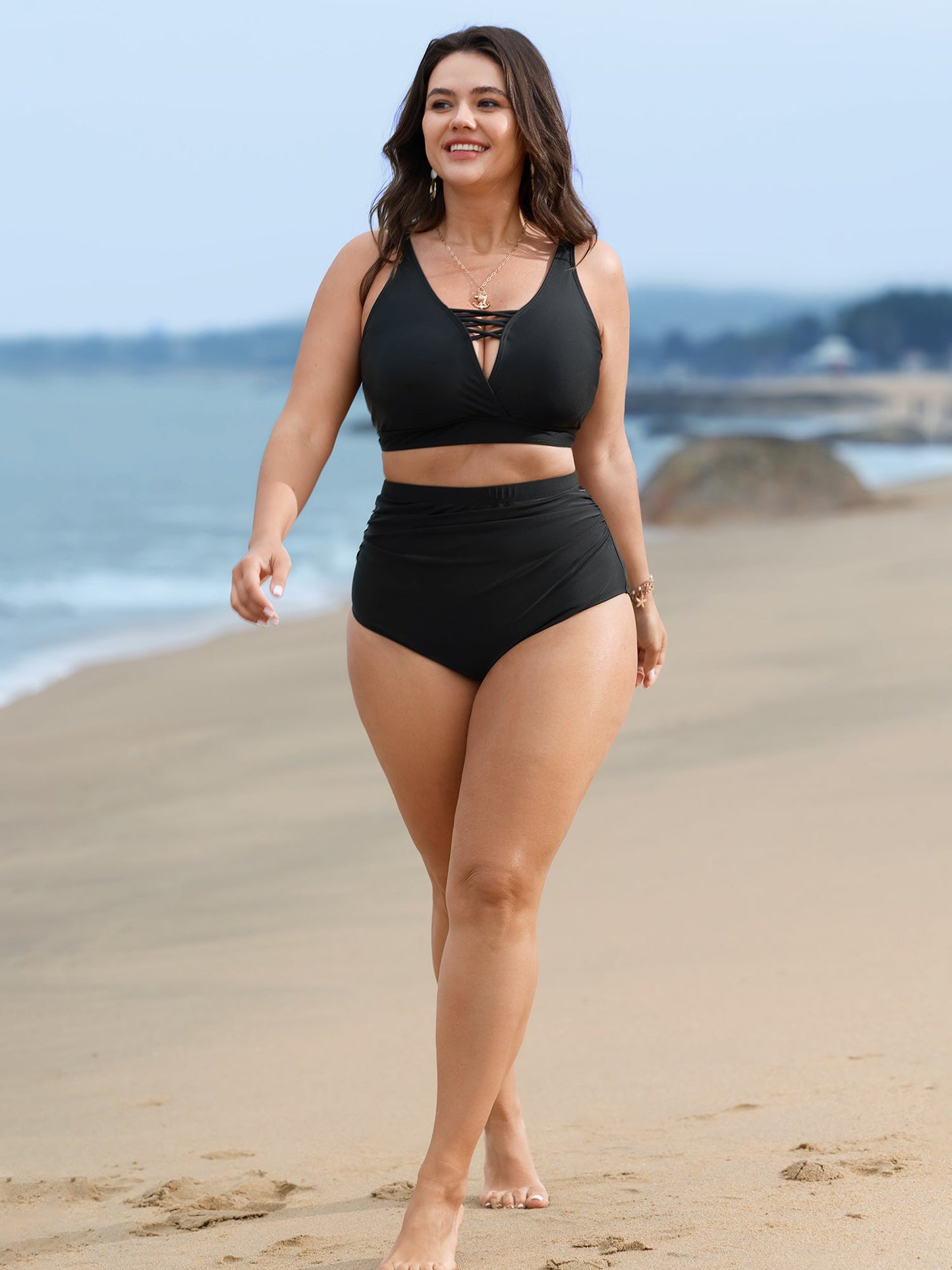 High Rise Ruched Plain Swim Bottoms