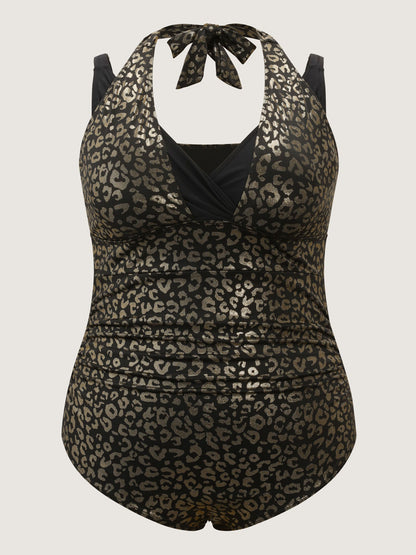 Leopard Print Halter Neckline One-Piece Swimsuit