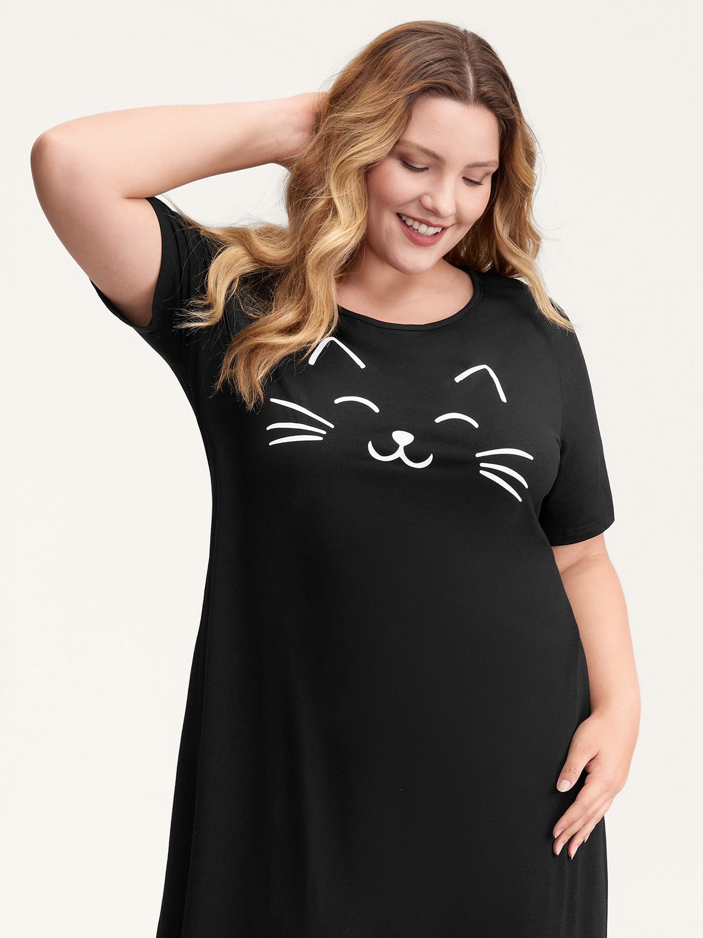 Happy Cat Print Stretchy Contrast Nightgown