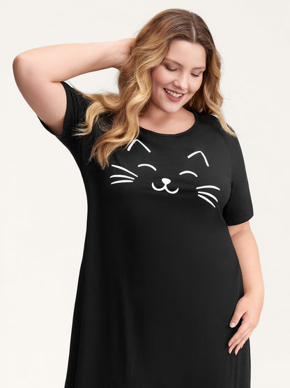 Happy Cat Print Stretchy Contrast Nightgown