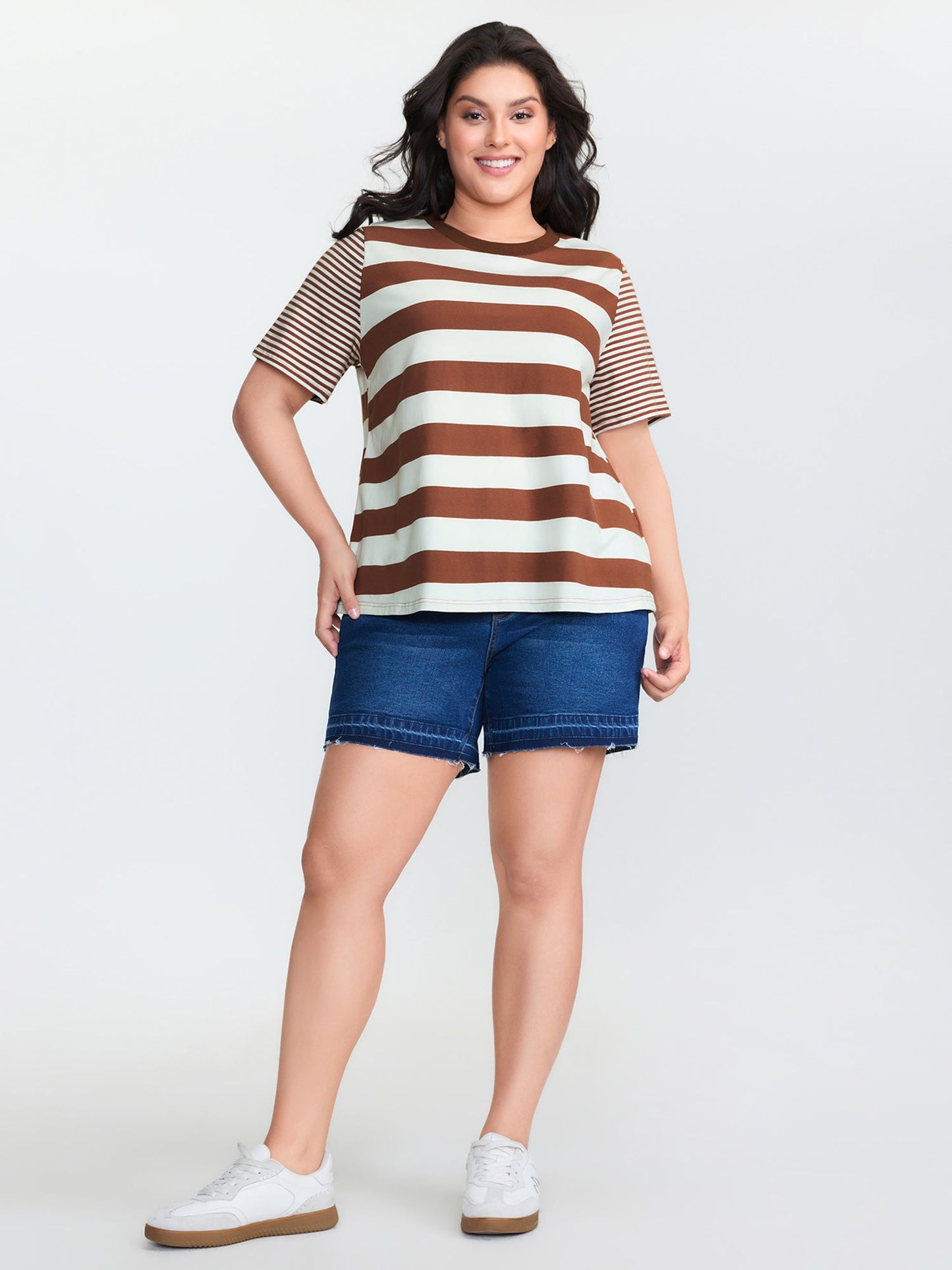 Cotton Striped Print Spliced Round Neck T-Shirt