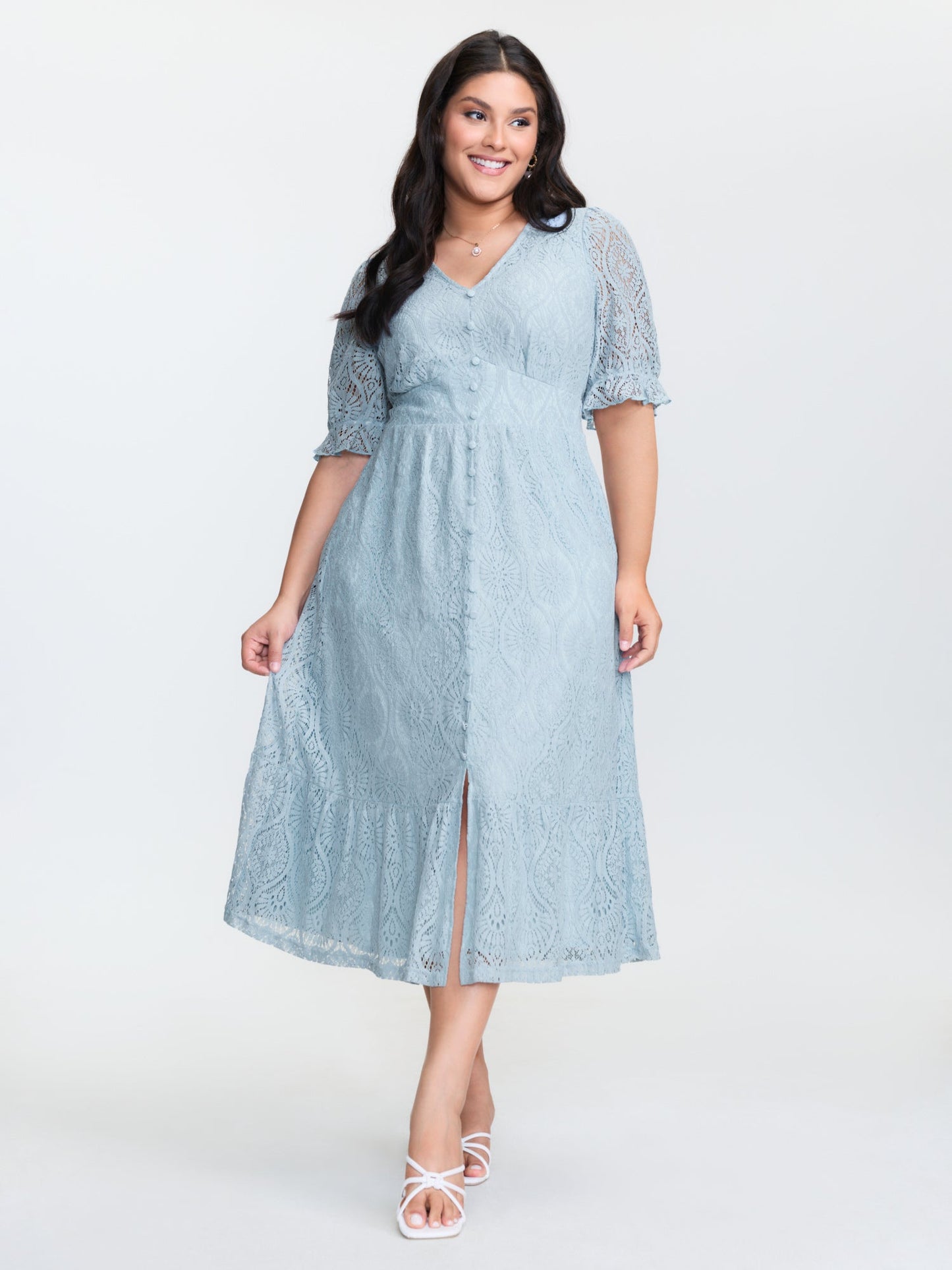 Lace Trim Shirred Button Detail Midi Dress