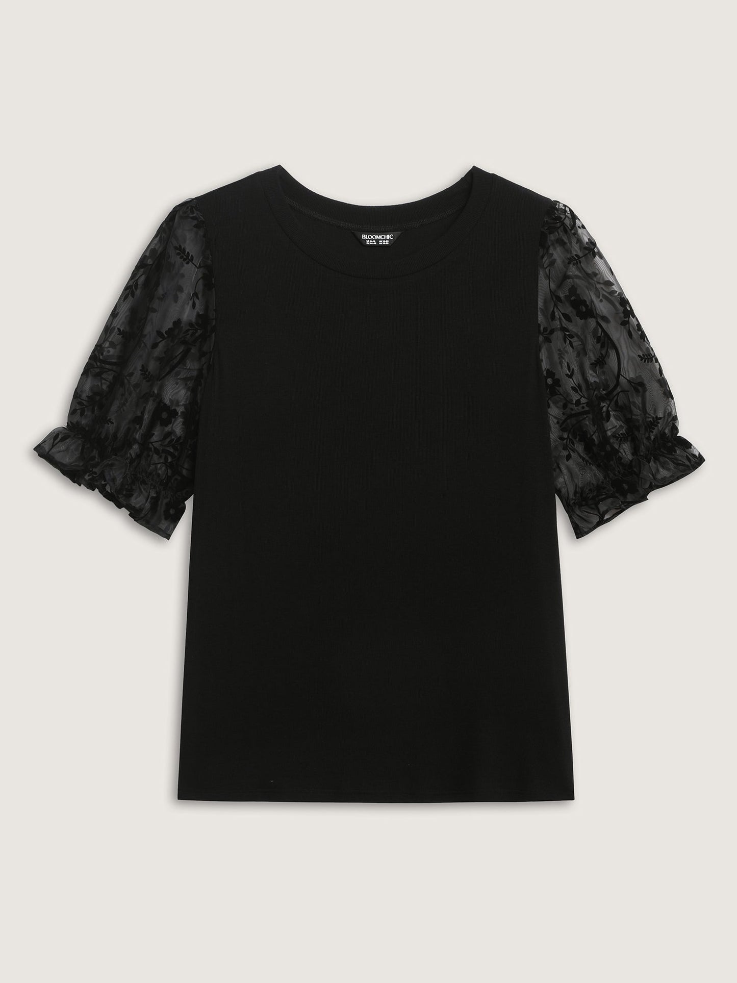 Sheer Puffy Sleeve Round Neck T-Shirt