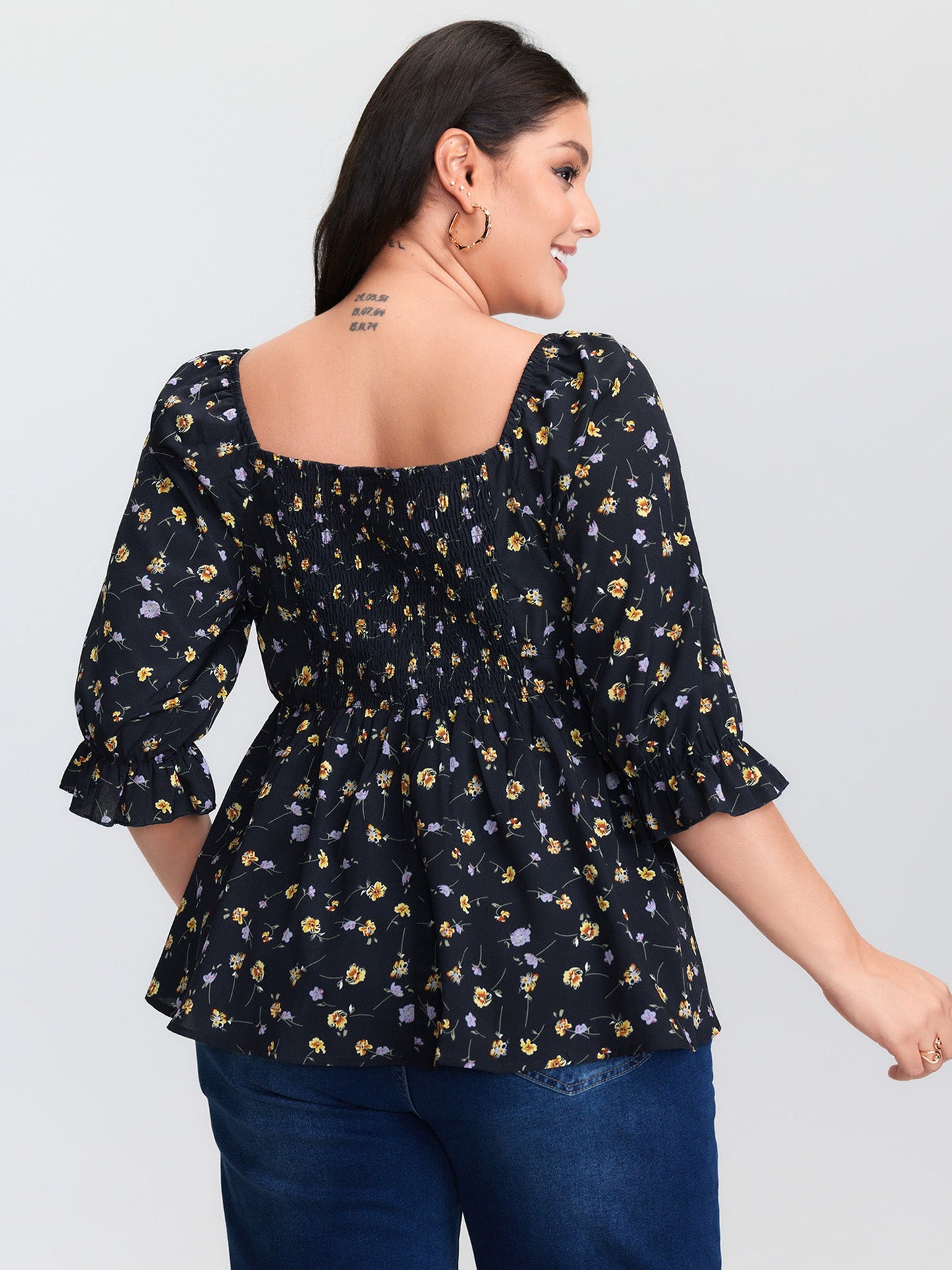 Floral Print Shirred Cuff Sleeve Blouse