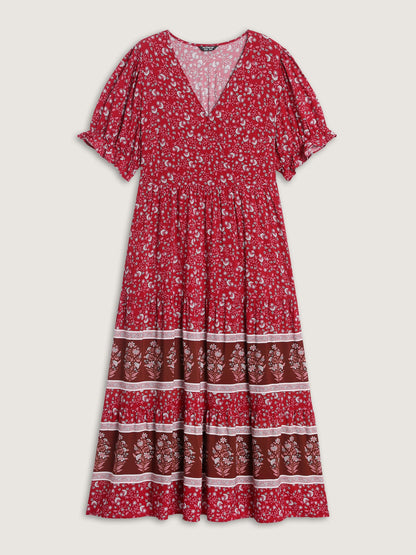 Vibrant Floral Print Color Contrast Maxi Dress