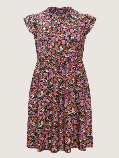 Chic Floral Print Ruffled Mock Neckline Mini Dress