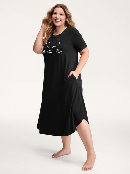 Happy Cat Print Stretchy Contrast Nightgown