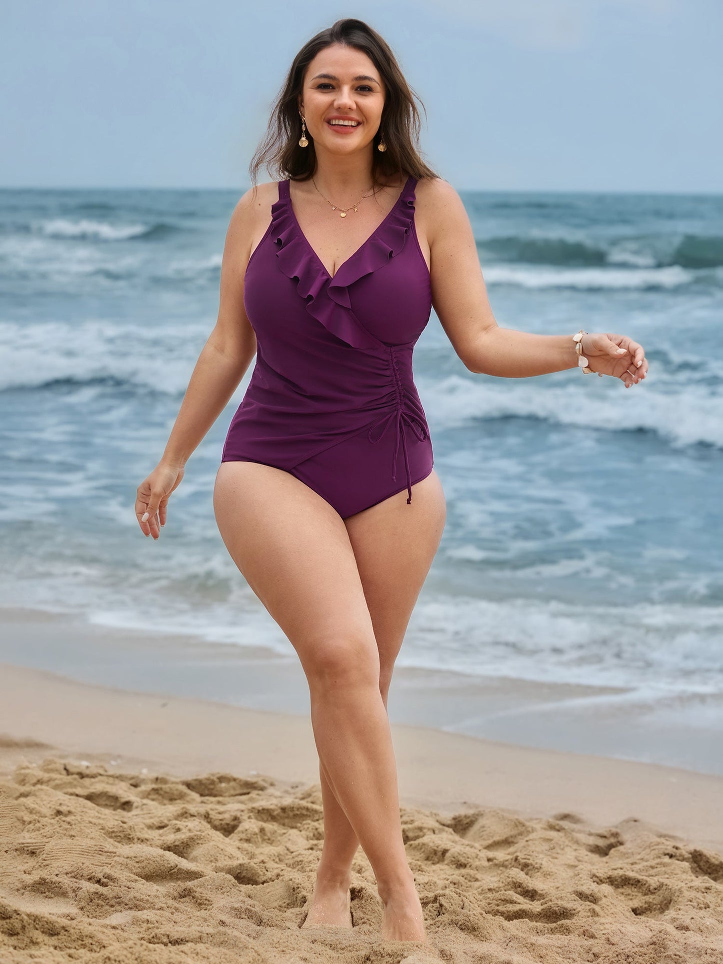 Ruffled Channel Drawstring One-Piece Swimsuit