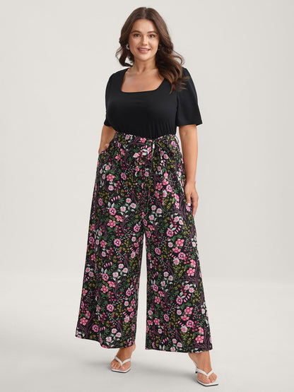 Color Contrast Belted Panel Pockets Jumpsuit