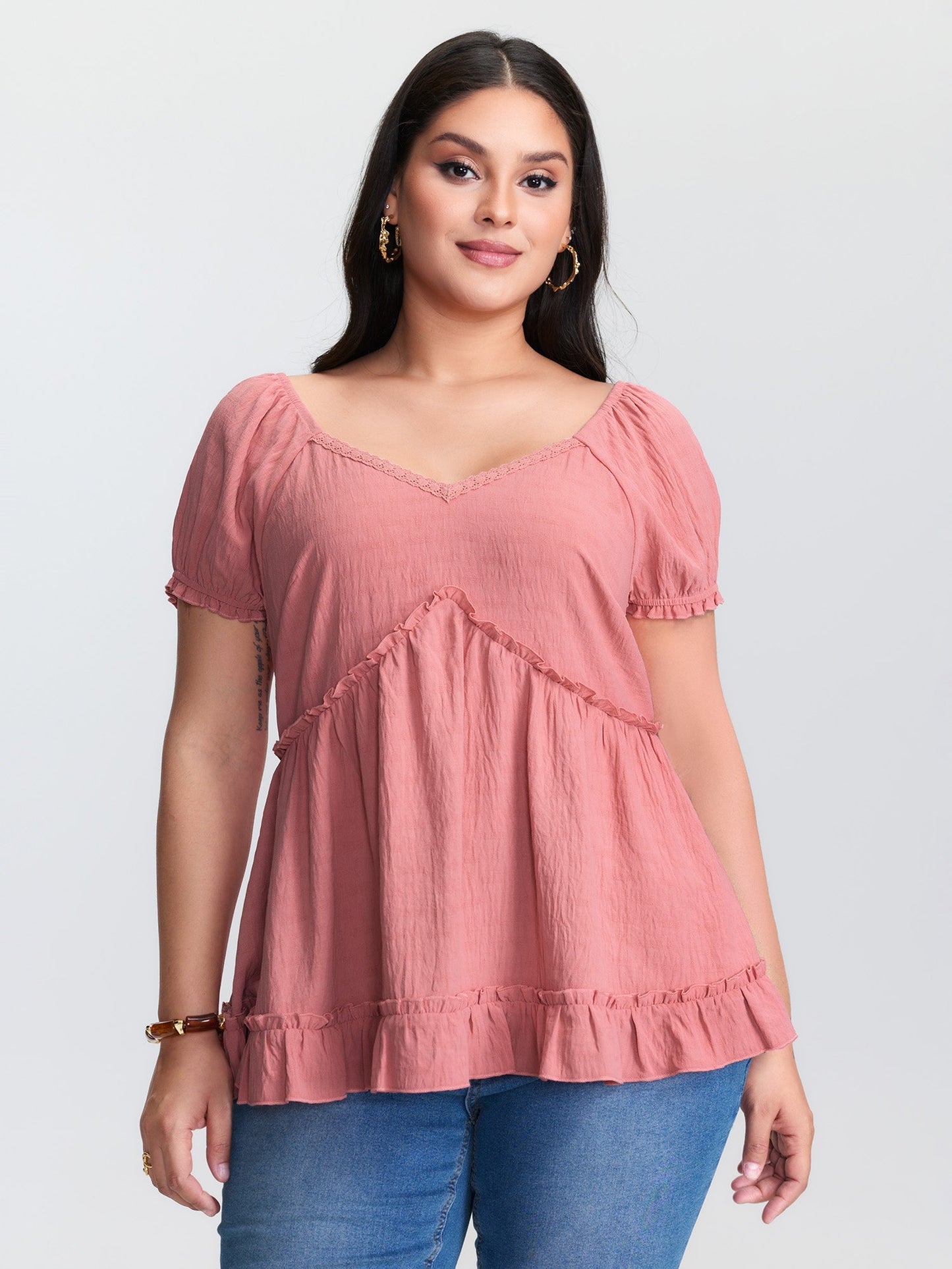 Lace Trim Ruffled Hem Plain Blouse