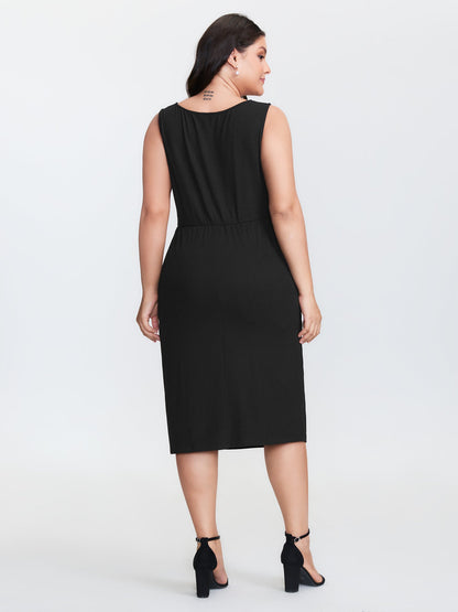 Ruched Side Slit V-Neck Midi Dress