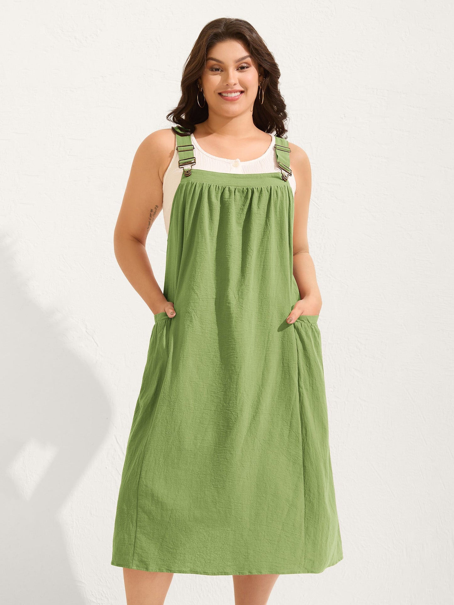 plus size Pure Cotton Pleated Pockets Midi Dress