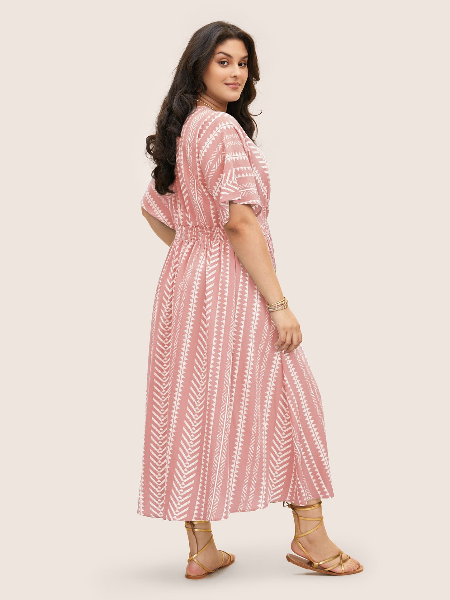 plus size Solid Geometric Dolman Sleeve Pocket Shirred Split Hem Dress
