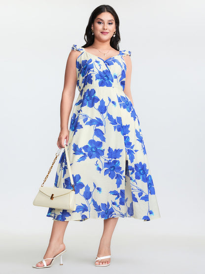 Floral Print Flutter Sleeve Cinched-Waist Midi Dress