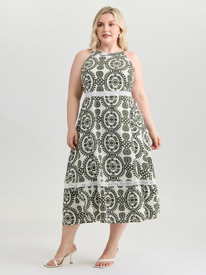Ornate Print Lace Trim Halter Neckline Midi Dress