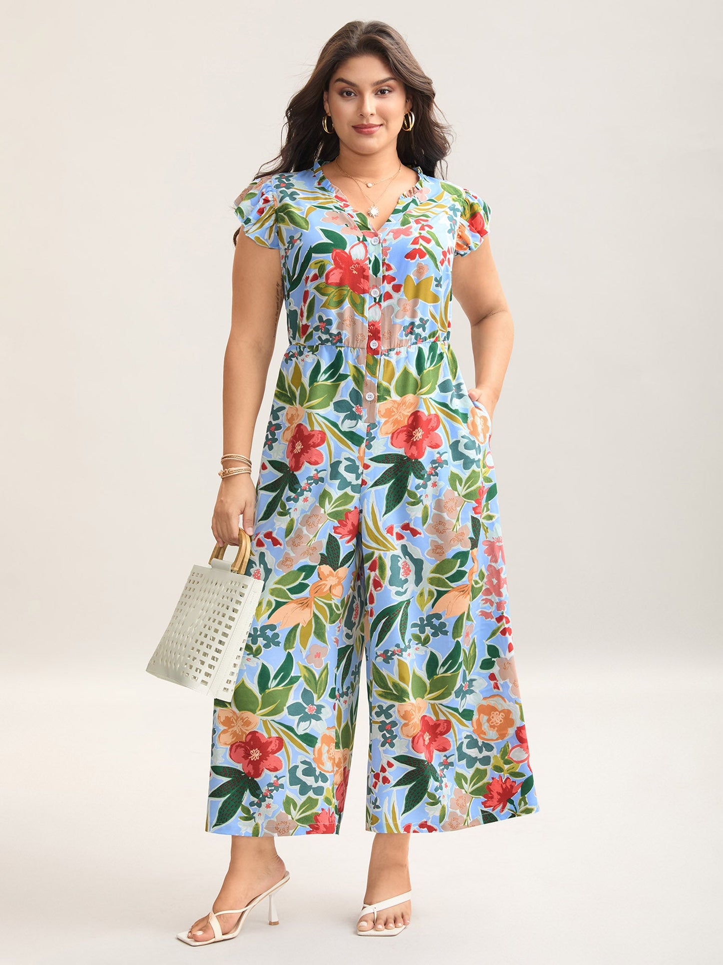 plus size Sunkissed Floral Print Button Wide-Leg Jumpsuit