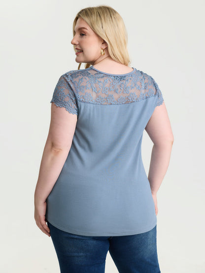Sheer Lace Neckline Shirred Knit Top