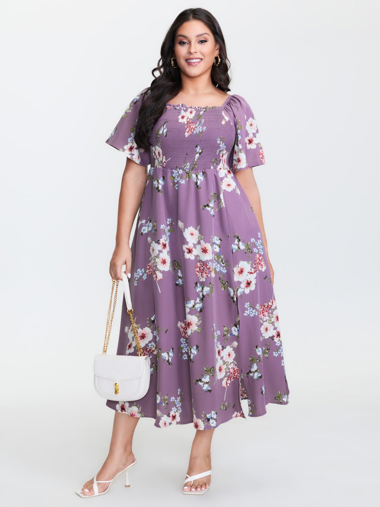plus size Floral Square Neck Ruffles Pocket Shirred Split Dress