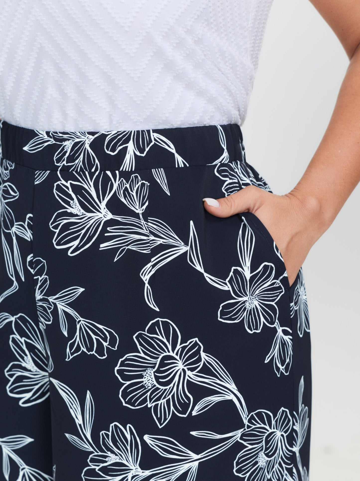 Floral Print Pull-On Wide-Leg Pants