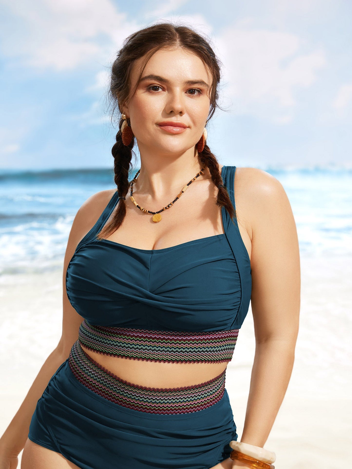 Twist Front Patchwork Woven Ribbon Swim Top