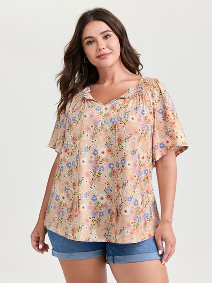 Sweet Floral Print Shirred Drawstring Neckline Top