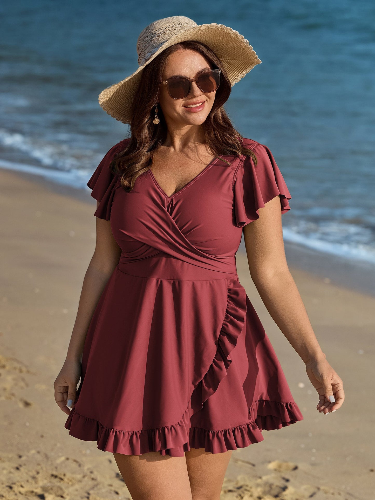Ruffled Sleeve Curvy Hem Swim Dress