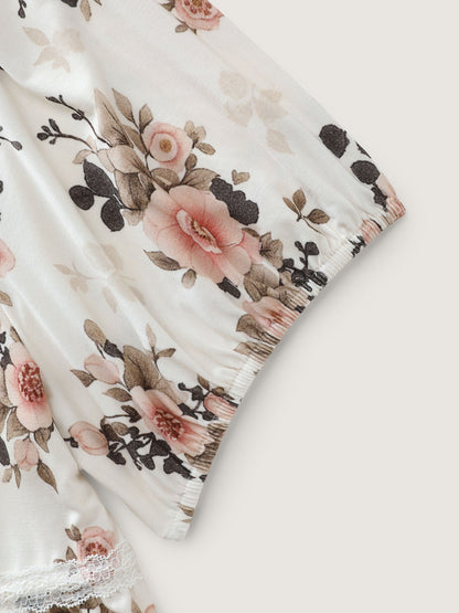 Floral Print Lace Trim Knit Top