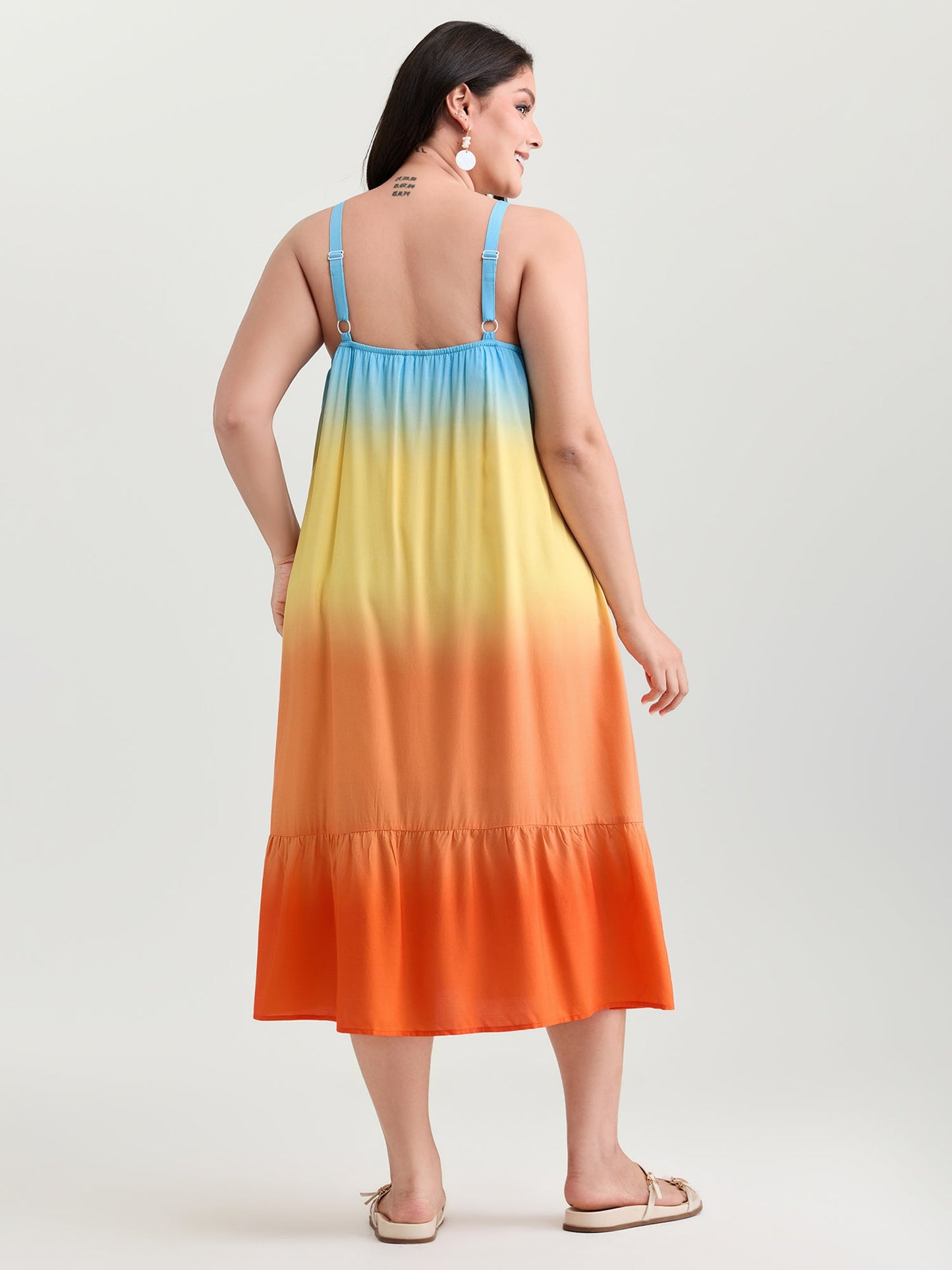 Ombre Drawstring Neckline Tiered Midi Dress