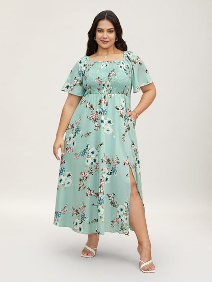plus size Floral Square Neck Ruffles Pocket Shirred Split Dress