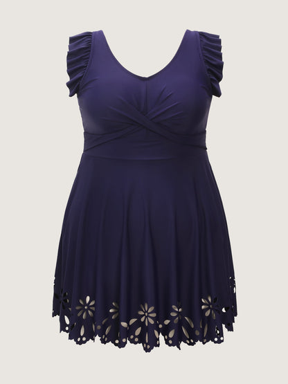 Laser Cut Flutter Sleeve Pockets Swim Dress