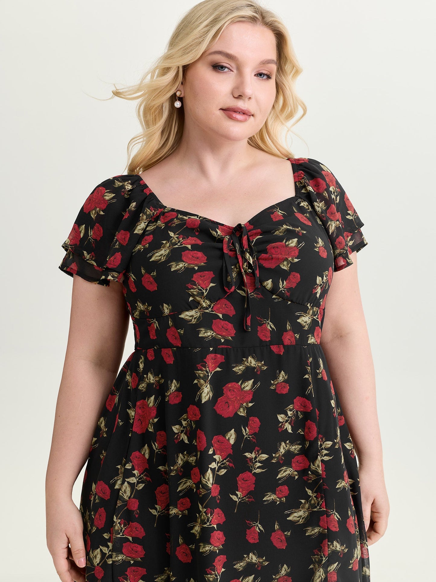 Rose Print Bustier Drawstring Midi Dress