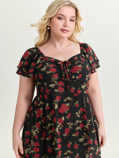 Rose Print Bustier Drawstring Midi Dress